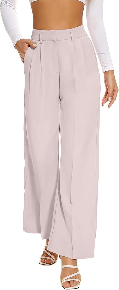 FUNYYZO Women's Wide Leg Pants High Elastic Waisted in The Back Business Work Trousers Long Strai... | Amazon (US)