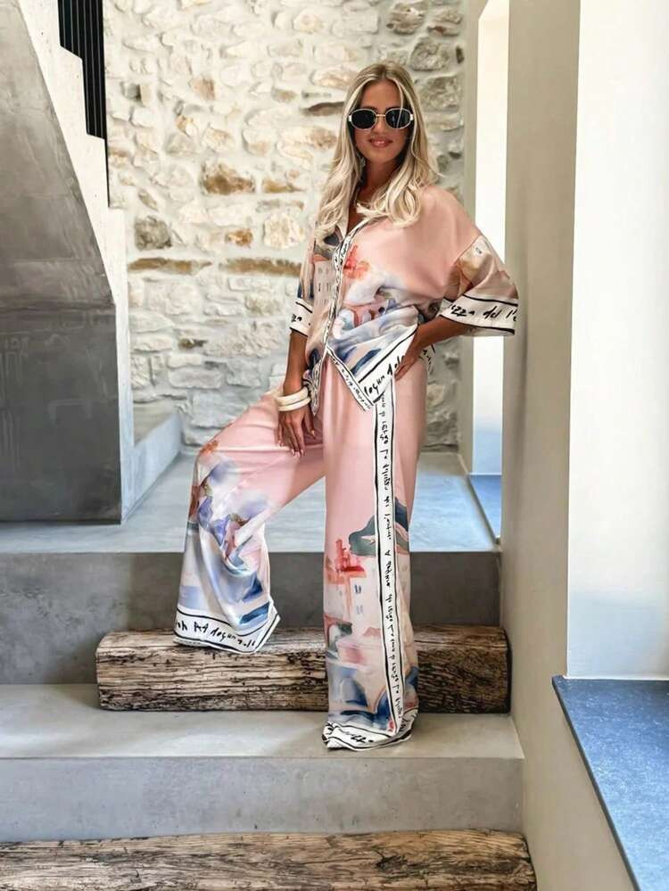 2pcs Set: City Print Shirt With Decorative Trim & Wide Leg Pants, Fashion Style | SHEIN