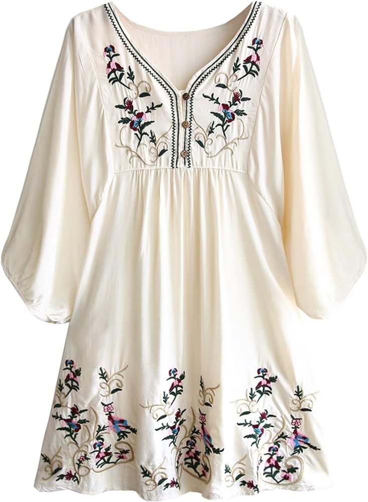 futurino Women's Bohemian Embroidered Crew Neck Dress Fashionable Classic Button Down Top | Amazon (US)