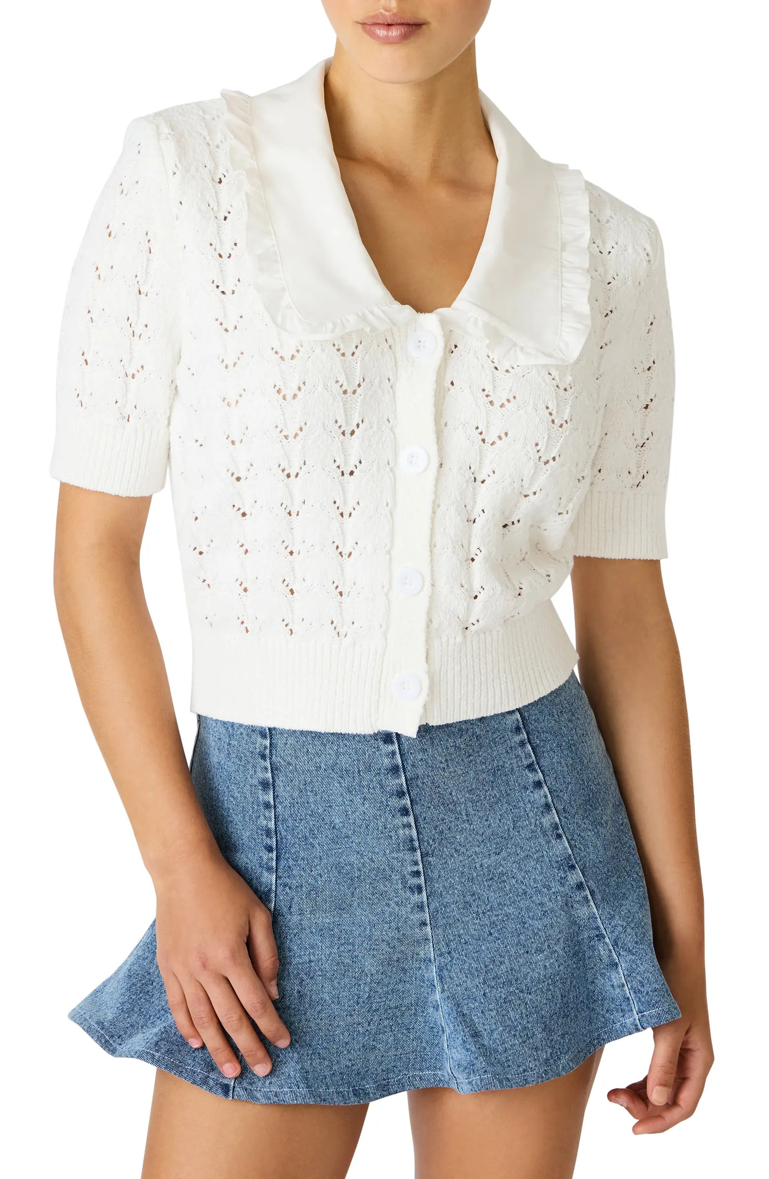 Gemma Ruffle Collar Pointelle Cardigan | Nordstrom