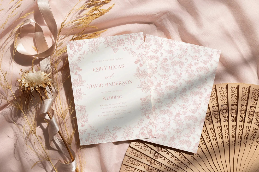 Pink Chinoiserie Wedding Invitation Classic French Toile De Jouy Theme, Blush Pink Regency Weddin... | Etsy (US)