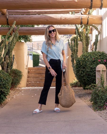Scottsdale conference outfit - casual black boot crop jeans, button up blouse, white sandals, and a beachy bag. 

#LTKunder50 #LTKtravel #LTKSeasonal