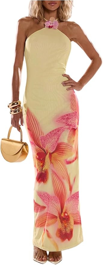GORGLITTER Women's Floral Maxi Dress Boho Fishtail Halter Tie Backless Bodycon Wedding Guest Part... | Amazon (US)