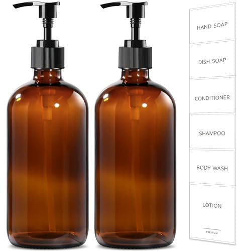 GMISUN Amber Glass Soap Dispenser, 2 Pack Bathroom Hand Soap Dispensers with Plastic Pump, 17 Fl Oz Kitchen Hand and Dish Soap Dispenser Set, Modern Vintage Liquid Brown Soap Dispensers Bottle | Amazon (US)