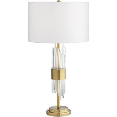 Possini Euro Design Mid Century Modern Table Lamp 27.5" Tall Brass Clear Glass Tube White Drum Sh... | Target