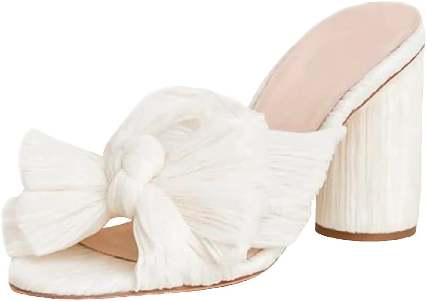 MICIFA Women's Bow Heeled Sandals Slip On Open Toe Block Chunky Heel Sandals Bride Wedding Dress ... | Amazon (US)