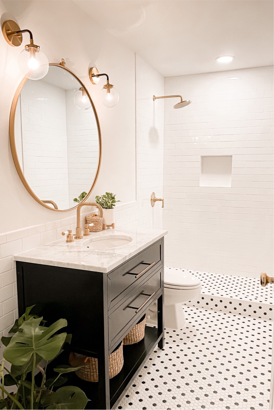 Guest bathroom / kid’s bathroom ~ 
Almost everything is from Wayfair. 
Up to 50% off their website right now. 

#wayfairsale #roundmirror #goldmirror #bathroom #bathroominspo 

#LTKhome #LTKFind #LTKsalealert