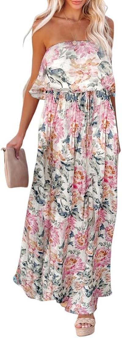 Dokotoo Womens Strapless Dresses Casual Summer High Waist Side Split Flowy Boho Maxi Dress | Amazon (US)