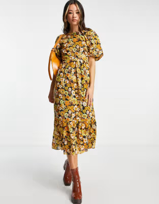 Topshop 70's floral puff sleeve midi dress in multi  - MULTI | ASOS (Global)