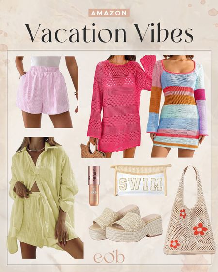 amazon vacation vibes 💞 stripe shorts, knit cover up dresses, button down and shorts set, wedges, swim bag, raffia tote with flowers

#LTKSeasonal