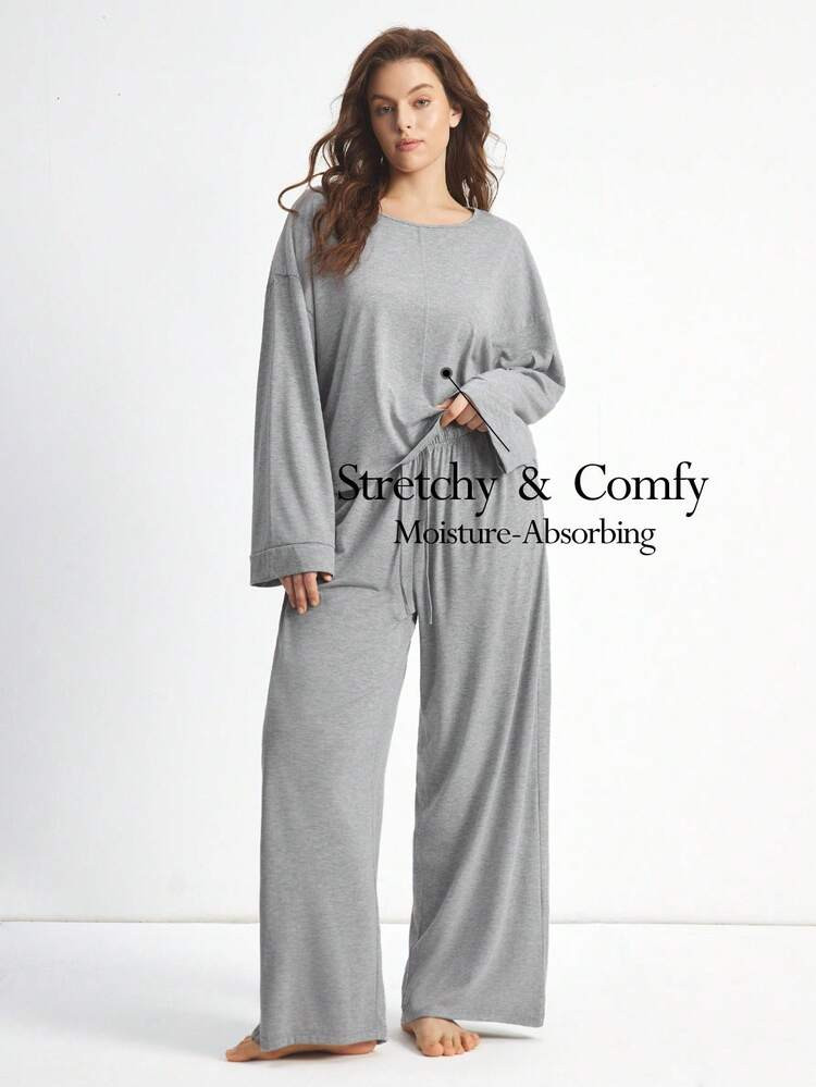 Ocili Women Plus Size 2pcs Comfortable Soft Bamboo Knit Round Neck Long Sleeve Top And Pants Pajama Set, Summer,Fall Winter Clothes | SHEIN