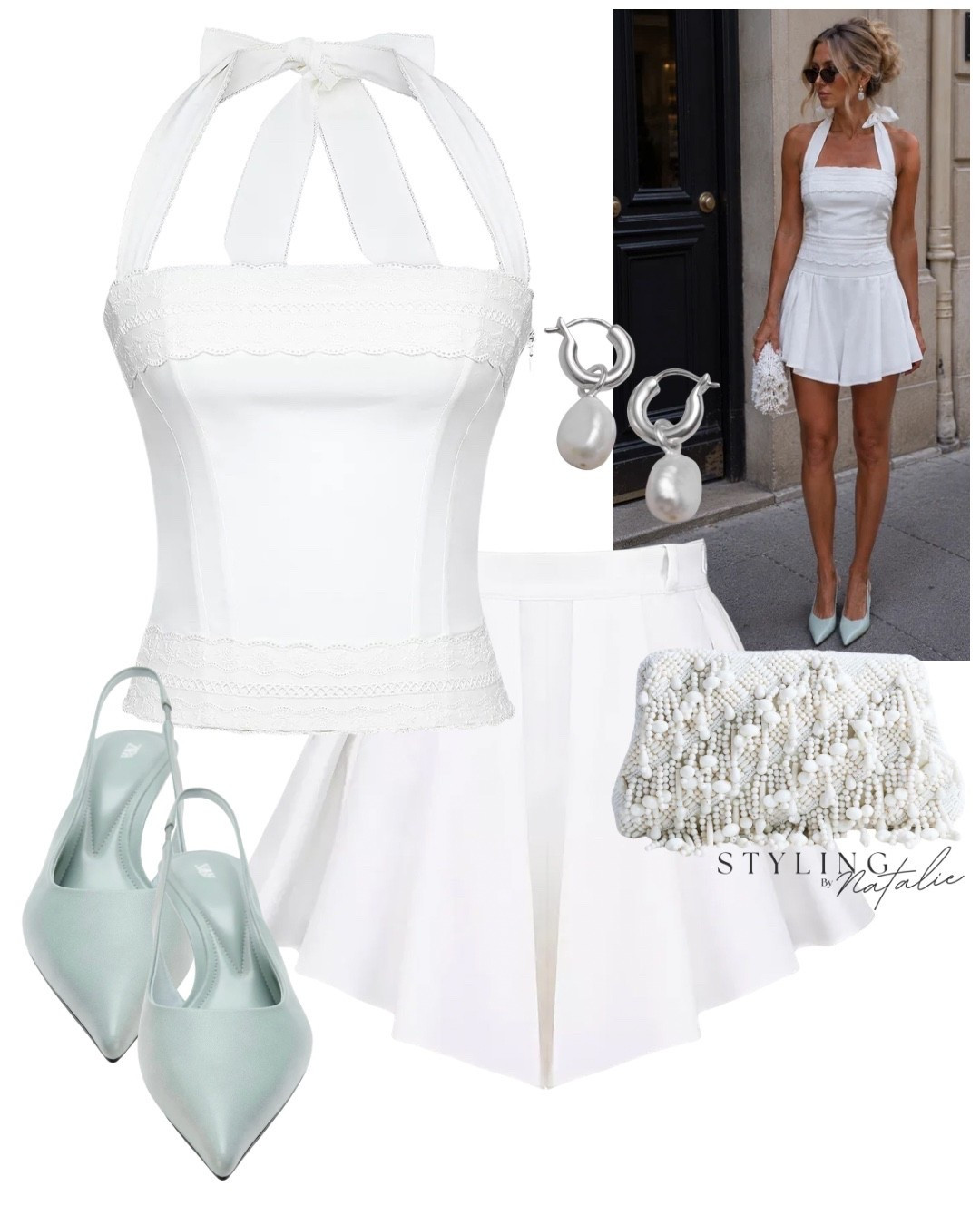 Co ord set style 🤍- White halter neck corset and matching flared skort, blue sling back shoes, beaded clutch bag and pearl earrings.

White summer holiday outfit, house of CB, hen do look, bridal party, bachelorette, Ibiza, Marbella, summer outfit, party wear, evening look.

#LTKsummer #LTKwedding #LTKpartywear