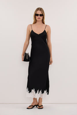 AMELINE BLACK SATIN MIDI DRESS | DISSH