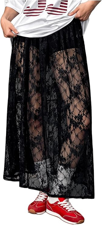Verdusa Women's See Through Lace Skirts Elastic High Waist Sheer A Line Long Skirt | Amazon (US)