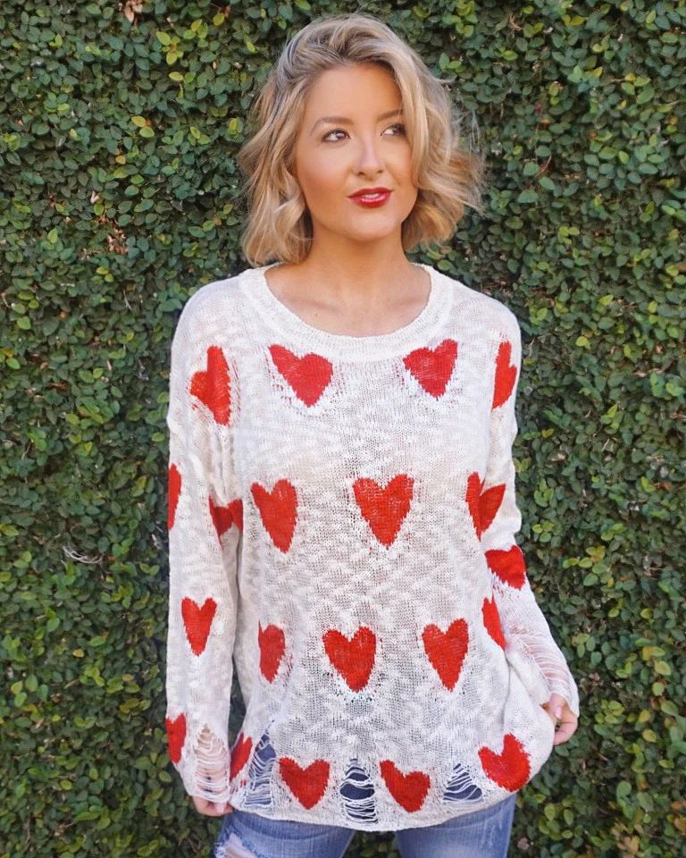 Heart Distressed Knit Sweater (Ivory) | Live Love Gameday®