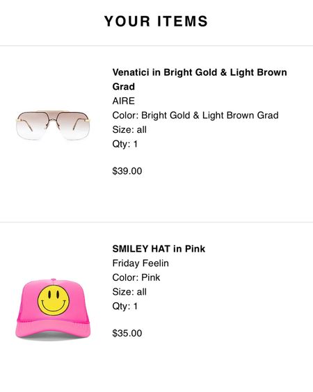 Hi 🙋🏻‍♀️ 
Sharing my recent REVOLVE order. Doesn’t this little pair just make you want to soak up the summer?🌴☀️🕶️ I’ve got my cutoffs & graphic tee on deck 😆 Sandals, Sneakers or Cowboy boots? 

Will post pics when i receive it ✨🫦

70’s Vibe Aviator Sunnies
Pink Smiley face trucker hat
Revolve 

#LTKParties #LTKTravel #LTKFindsUnder100