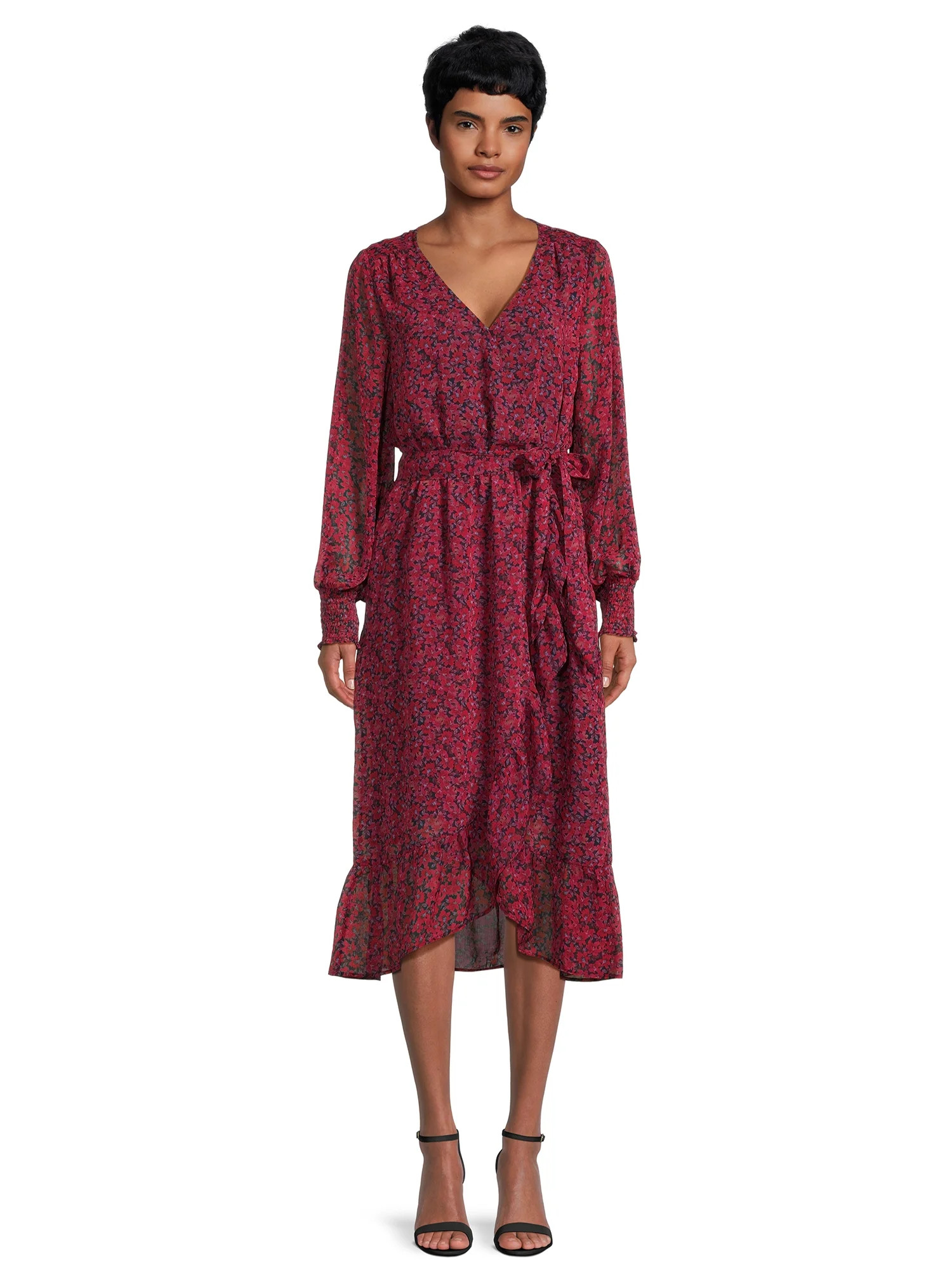 Time and Tru Women's Woven Faux Wrap Midi Dress, Sizes XS-XXXL | Walmart (US)