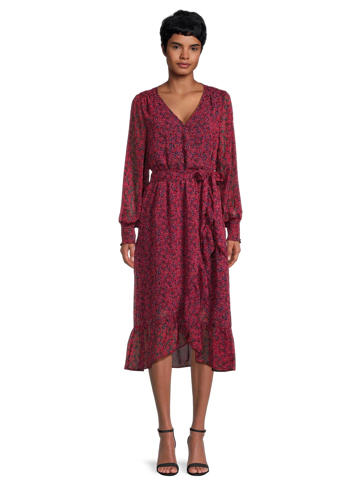 Time and Tru Women's Woven Faux Wrap Midi Dress, Sizes XS-XXXL | Walmart (US)