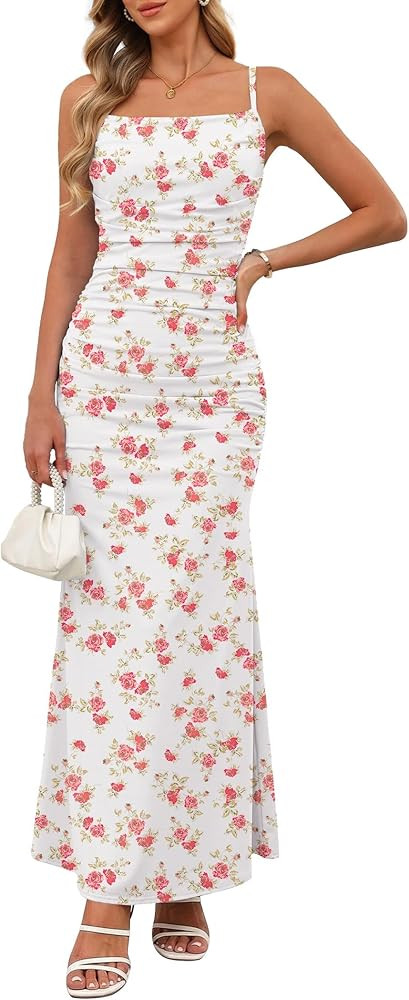 Women Sleeveless Spaghetti Strap Floral Maxi Dress Ruched Bodycon Beach Wedding Guest Backless Lo... | Amazon (US)