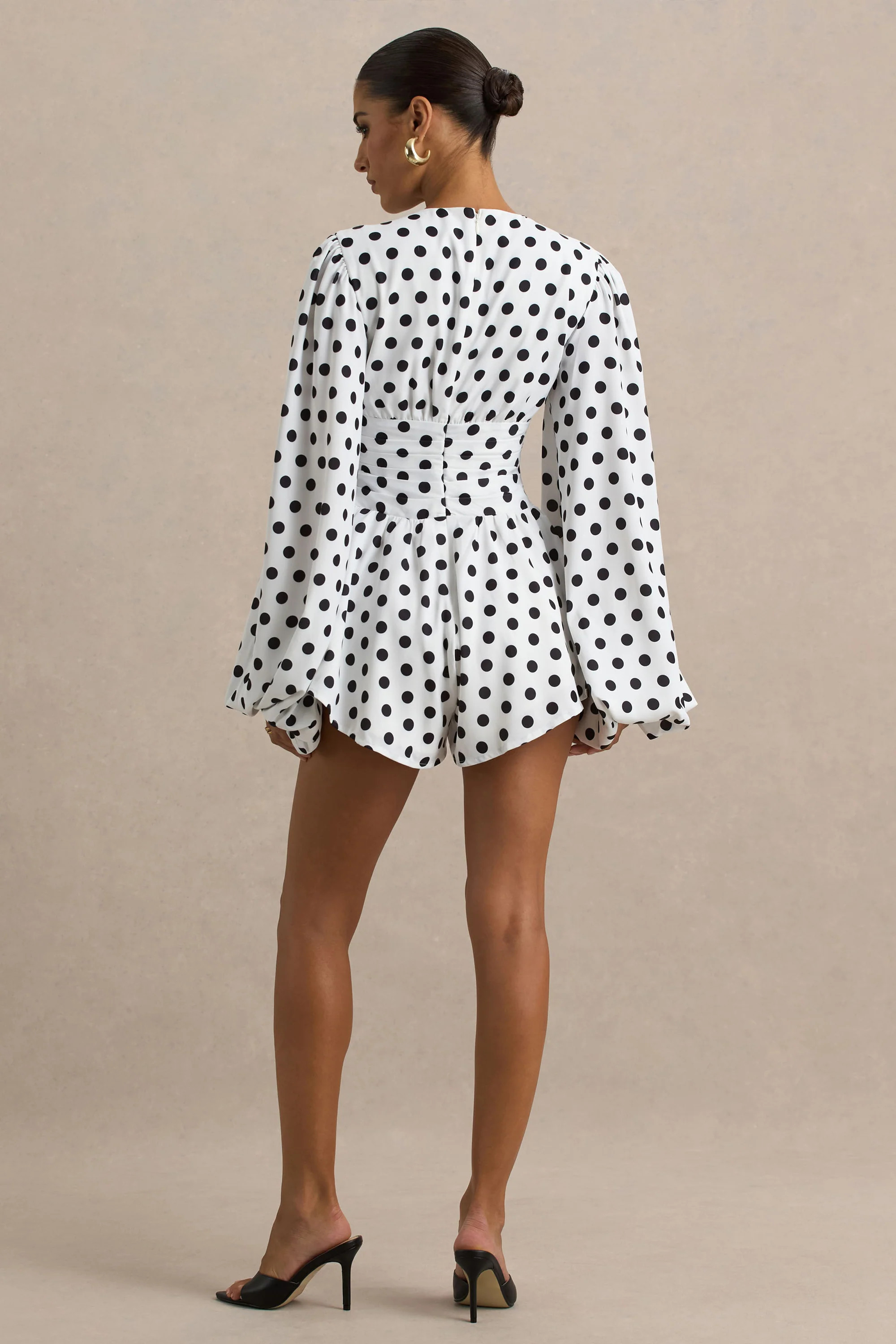 Laurel | White Polka Dot V-Neck Balloon Sleeve Playsuit | Club L London