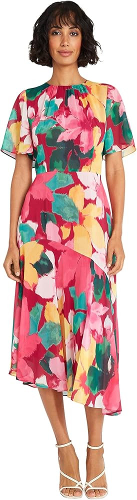 Maggy London Womens Short Flutter Sleeve Fit and Flare Dress with Asymmetric Hem Tier | Amazon (US)
