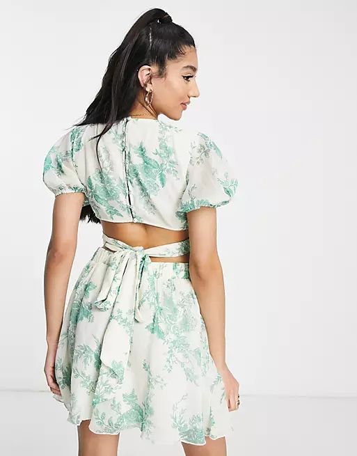 ASOS DESIGN soft tiered mini dress with tie waist detail in green floral | ASOS (Global)