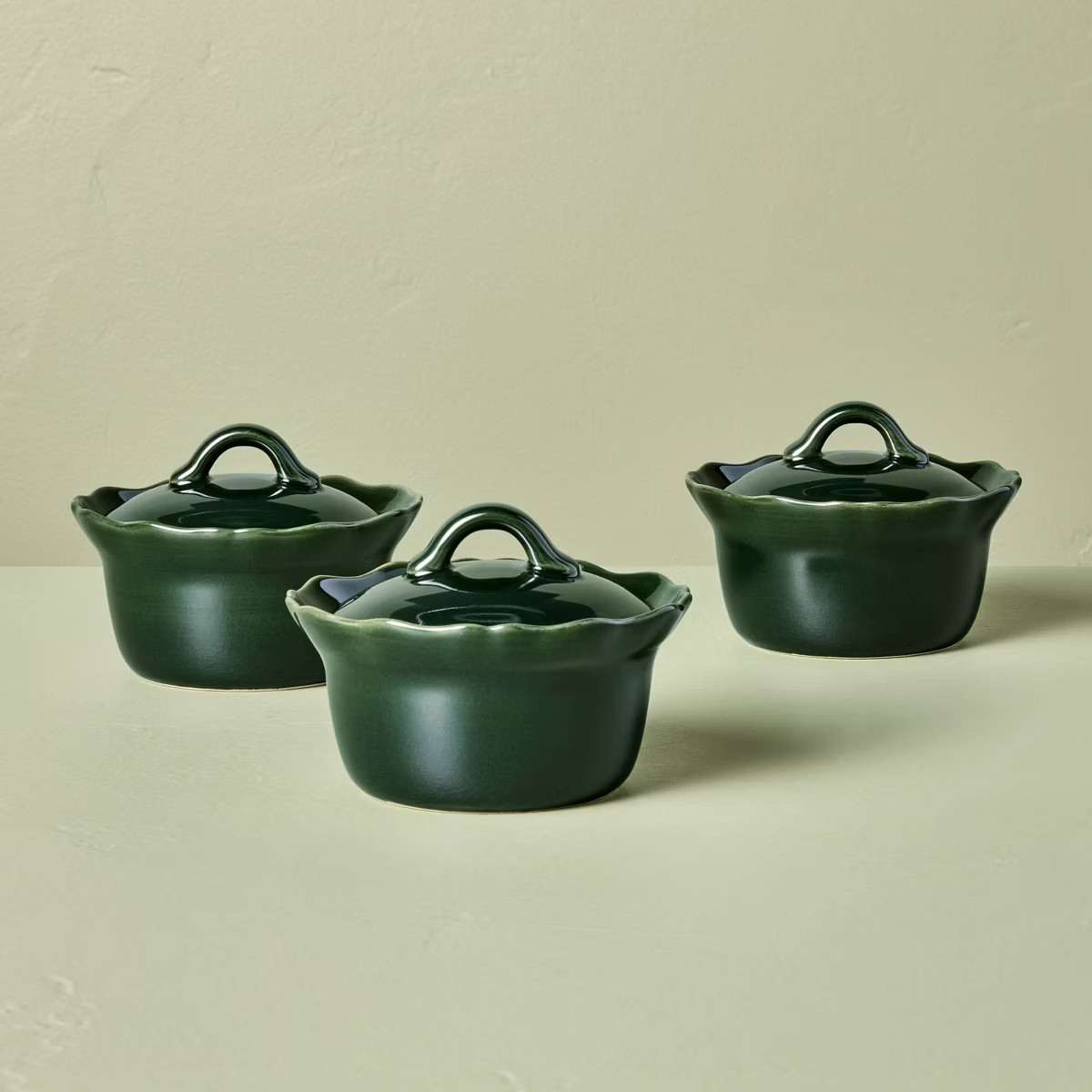 3pc 6.5oz Round Stoneware Reactive Glaze Ramekin with Lid Green - Hearth & Hand™ with Magnolia | Target