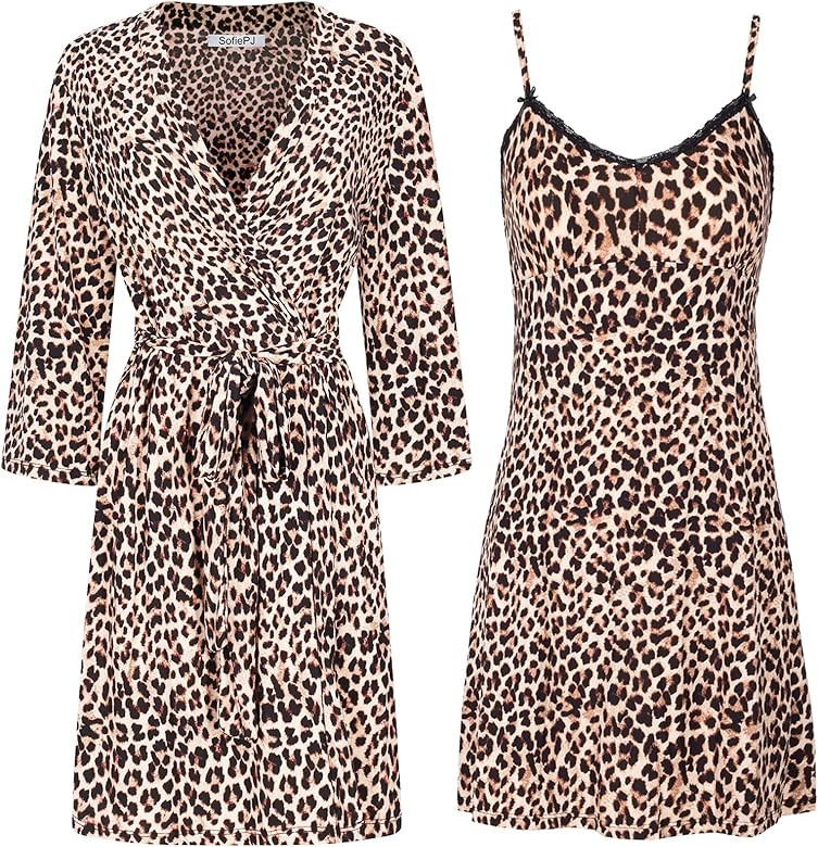 SofiePJ Women's Printed Robe Set with Chemise and Shorts 3 Piece Sleep Loungewear | Amazon (US)