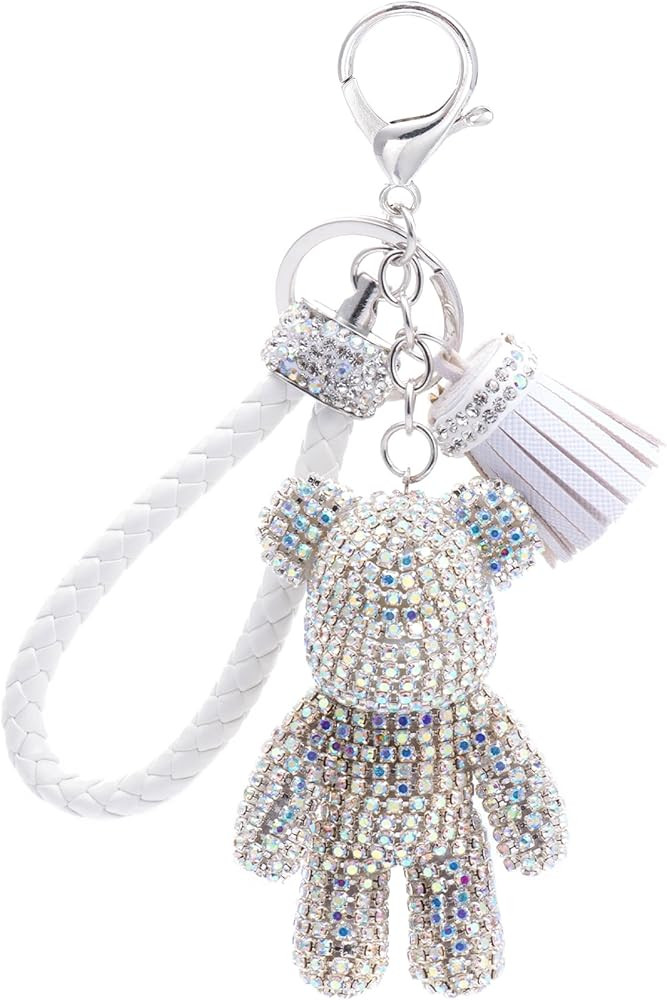 Bear Keychain, Cute Keychains for Women, Pink Car Accessories for Girly, Pink Pom Pom Keychain | Amazon (US)