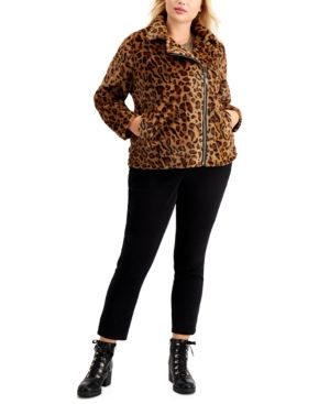 Jou Jou Juniors' Trendy Plus Size Faux-Fur Leopard Moto Jacket | Macys (US)
