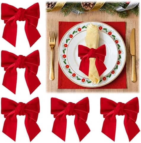 Red Velvet Bow Christmas Napkin Rings Set of 6 - Beautiful Napkin Holder Rings for Holiday Dinner... | Amazon (US)