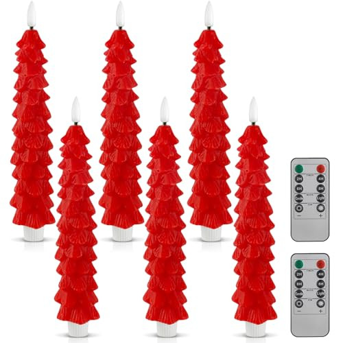 Funtery 6 Pcs Christmas Flameless Taper Candles with Remote Timer 9.7 Inch Real Wax Battery Operated Christmas Tree Candle Lights Candlesticks with 3D Flame for Home Windows Fireplace Decor(Red) | Amazon (US)