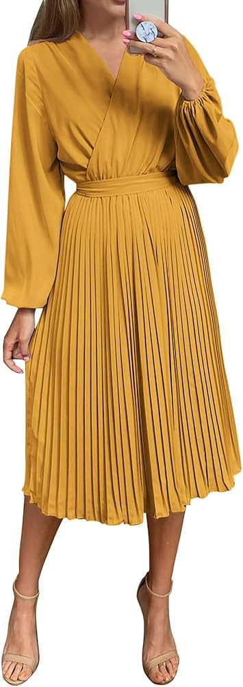 PRETTYGARDEN Womens V Neck Flowy Ruffle Pleated Casual Fall Dress | Amazon (US)