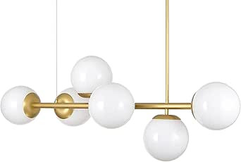 Caserti Mid Century Modern Chandelier Island Light - Satin Brass with Milk Glass Globes Linear Ch... | Amazon (US)