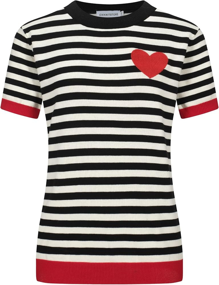 OXKnit Women's Knit Black Stripes Short Sleeve, 1960s Retro Heart Pattern Crewneck Casual T-Shirt... | Amazon (US)