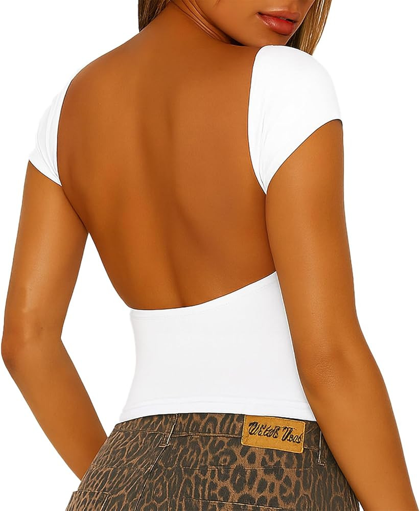 ForeFair Women Sexy Backless Short Sleeve Slim Fit Crewneck Summer Casual Y2K Crop Tee | Amazon (US)