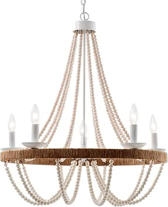 Elyccupa Wood Beaded Chandelier 5 Lights Boho Candle French Country Farmhouse Chandelier with Cir... | Amazon (US)
