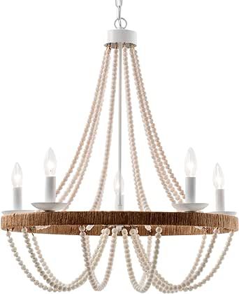 Elyccupa Wood Beaded Chandelier 5 Lights Boho Candle French Country Farmhouse Chandelier with Cir... | Amazon (US)