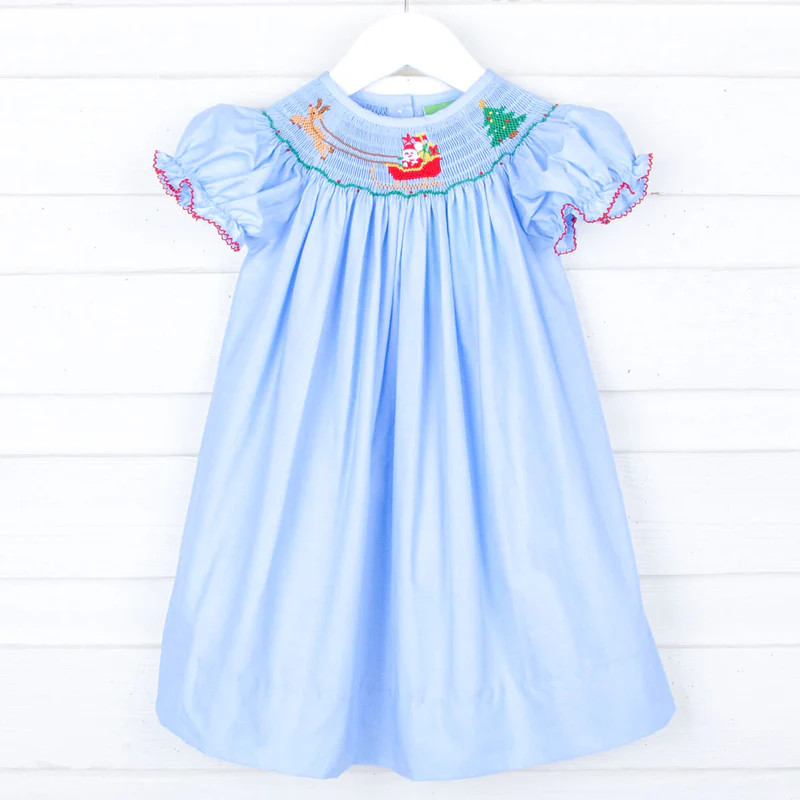 North Pole Smocked Blue Bishop Dress | Classic Whimsy