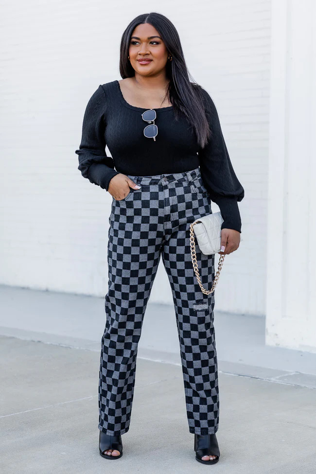 Mallory Black And Grey Checkered High Waisted Straight Leg Jeans FINAL SALE | Pink Lily