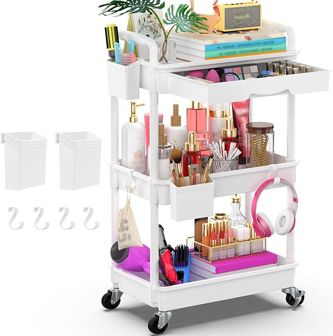 Goovilla 3 Tier Rolling Utility Cart Organizer with Removable Drawer, Stable and Sturdy White Rol... | Amazon (US)