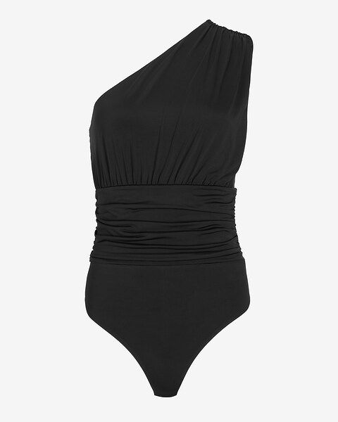Body Contour Double Layer Ruched One Shoulder Thong Bodysuit | Express