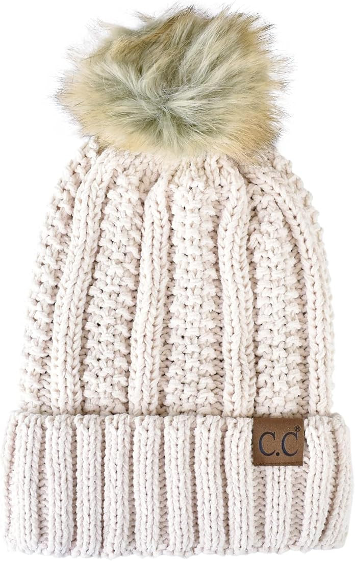 C.C Thick Cable Knit Faux Fuzzy Fur Pom Fleece Lined Skull Cap Cuff Beanie | Amazon (US)