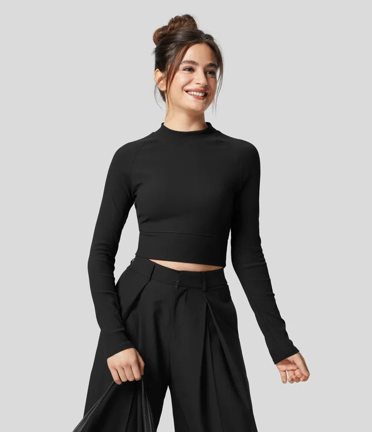 Cloudful™ Ribbed Fabric Mock Neck Long Sleeve Cropped Casual Sports Top | HALARA