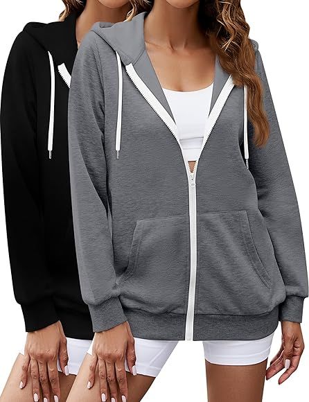 Riyiper 2 Pack Womens Full Zip Up Hoodie Casual Zip up Hooded Sweatshirts Long Sleeve Zipper Hood... | Amazon (US)