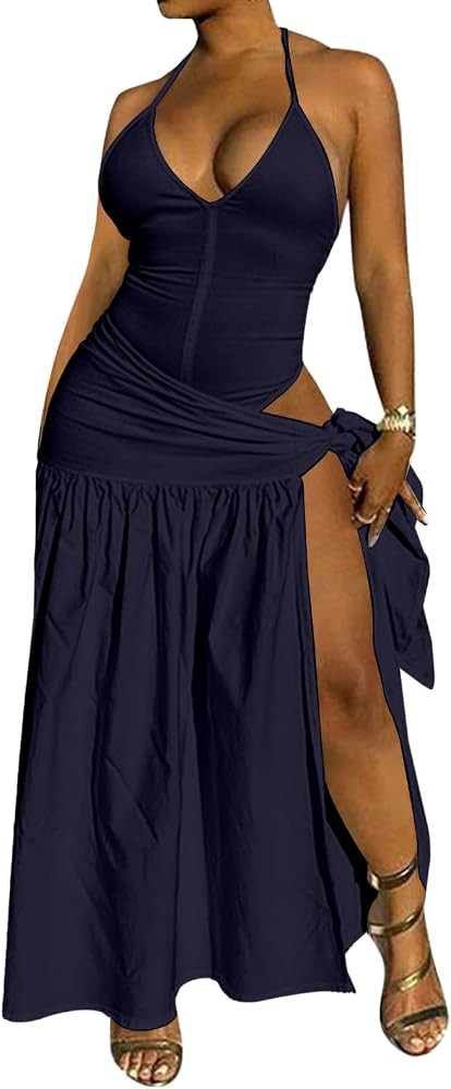 2 Piece Outfits for Women Sexy Maxi Skirt Set Summer Halter Backless Tops Wrap Skirt Beach Vacati... | Amazon (US)