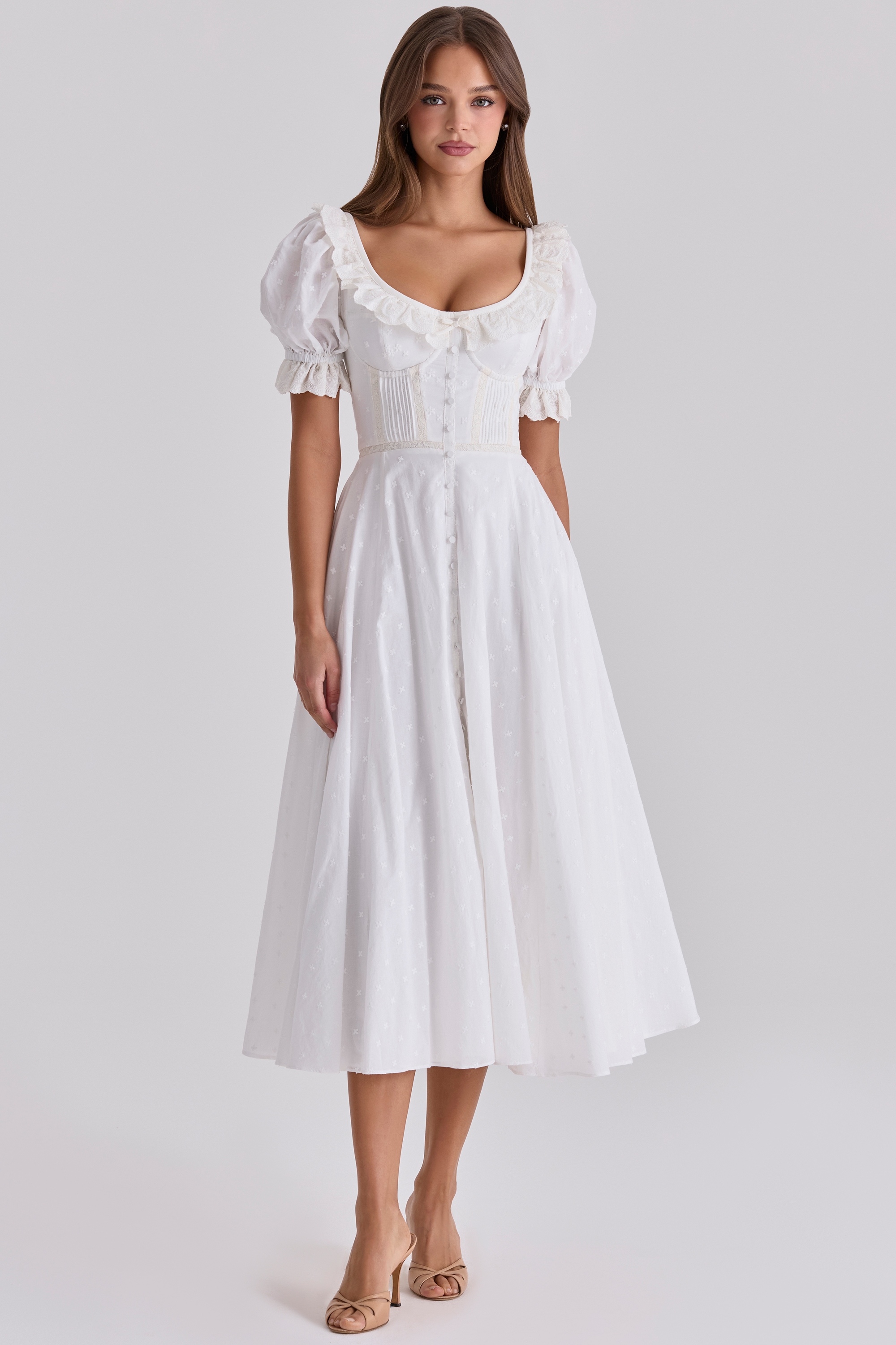 white broderie anglais babydoll midi dress | House of CB