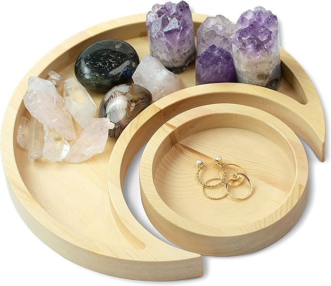 Moon Tray Crystal Holder Display - Natural Pine Wooden Crystal Tray for Stones, Healing Crystals ... | Amazon (US)