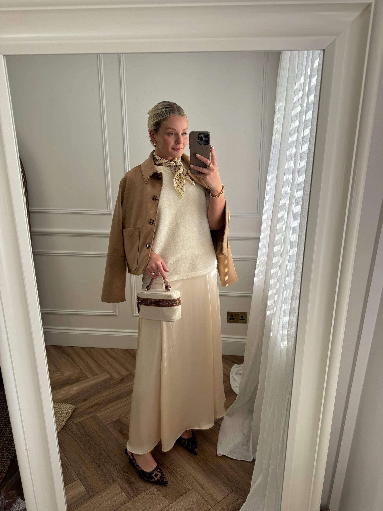 Chic smart spring outfit idea - & other stories cream knit short sleeve jumper, H&M cream maxi satin skirt, H&M cream neck scarf, Abercrombie brown faux suede jacket, asos leopard print sling back heels

#LTKuk #LTKspring #LTKstyletip