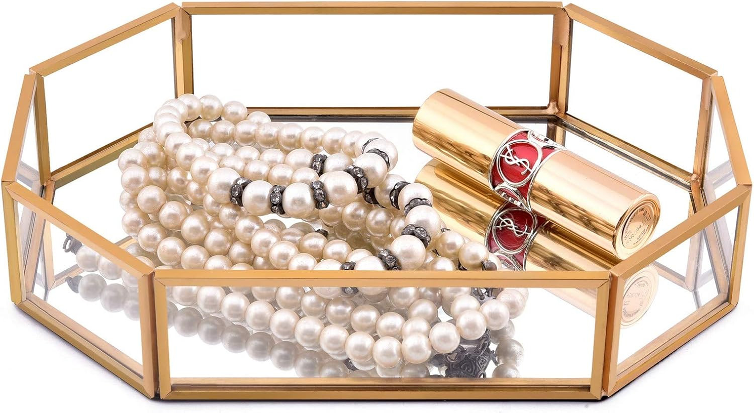 Moxita Mirrored Makeup Organizer Gold Metal Mirrored Tray Decorative Jewelry Tray Vanity Cosmetic... | Amazon (US)